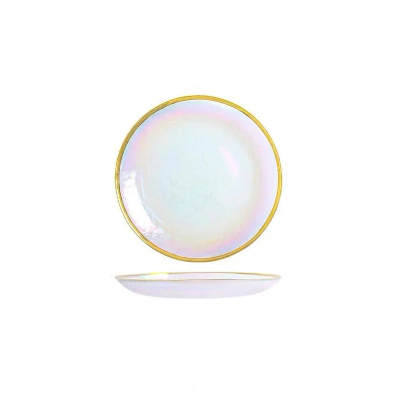 

Nordic Style Gold Rim Glass Dinnerware set Dessert Bowl Glass round Western Dish Salad Tray Fruit Plate Golden glass plate