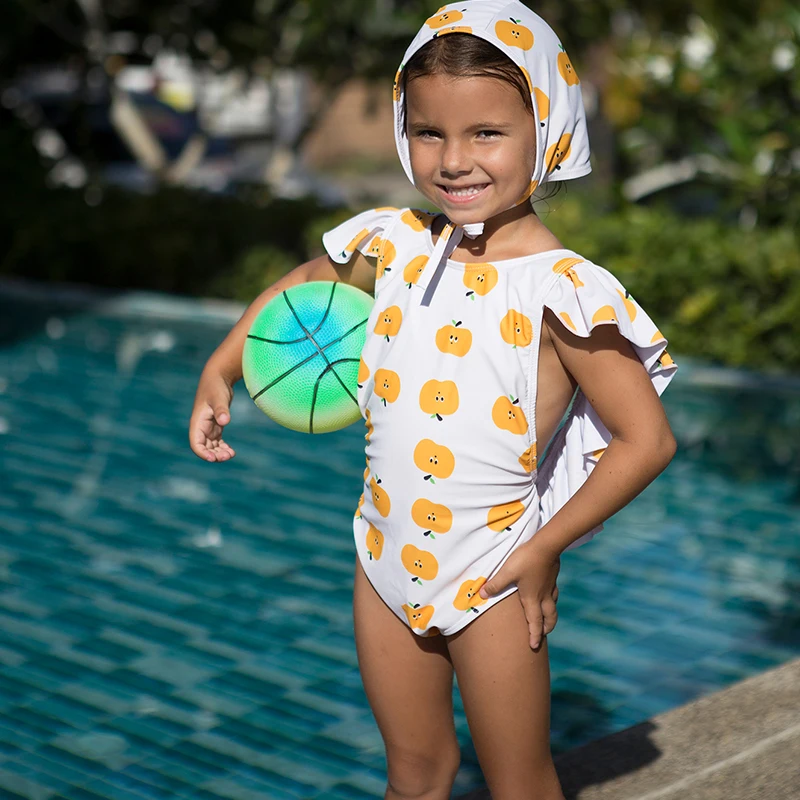 

OEM Swimwear Custom Fruit Print One Piece Swimsuit With Hat Crisscross Ruffle Strapped Girls Swimwear Kids Bikini, White