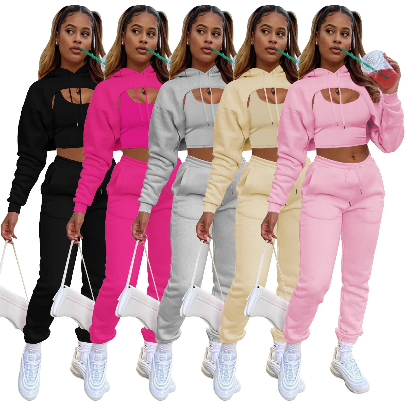

2021 Fall Winter Clothes Casual Women Velour Hooded Sweatshirts Crop Top Velvet Three 3 Pieces Lounge Wear Jogger Pants Set, Pink,red,black,rose red,deep gray,apricot,blue,brown