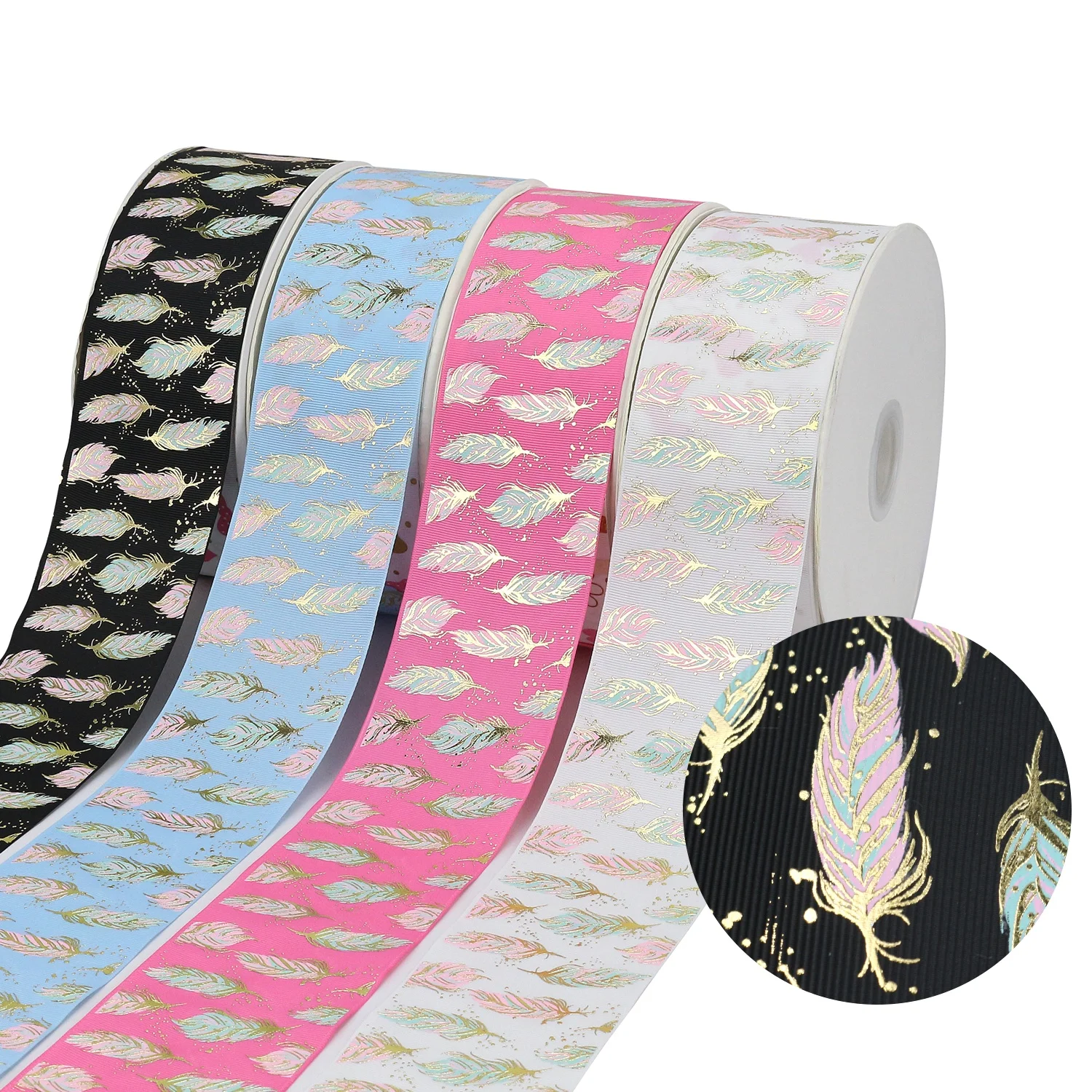 

Midi Ribbons Beautiful 75mm Gold Foil Feather Printing Cheap Grosgrain Listones Ribbon, Request