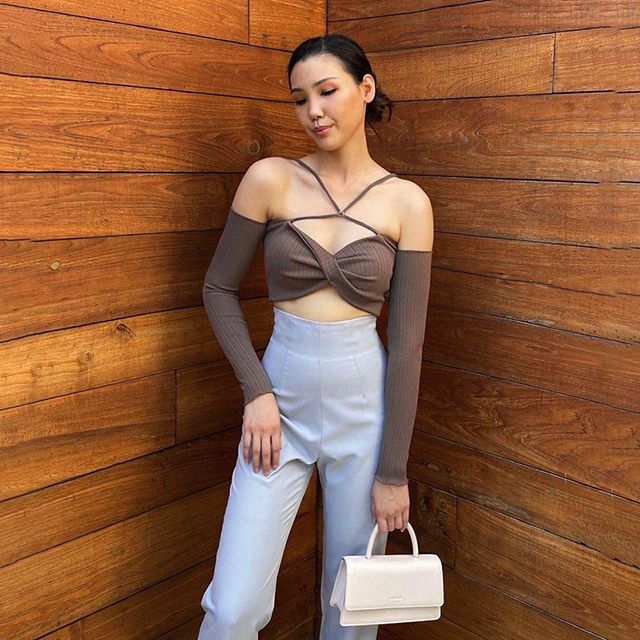 

Sexy Solid Cropped Top Long Sleeveless Blouse Strappy Pleated Bow Off Shoulder Blouse For Ladies Charming Streetwear Clothing, Coffee