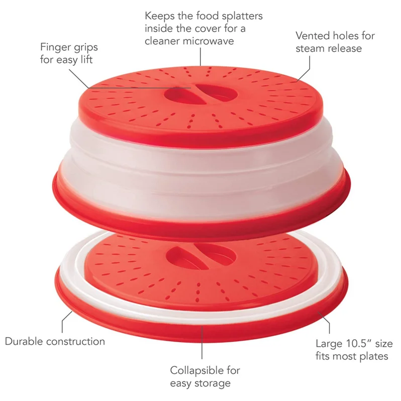 Vented Collapsible Microwave Food Cover With Easy Grip Handle,Dishwashersafe,Bpafree Silicone