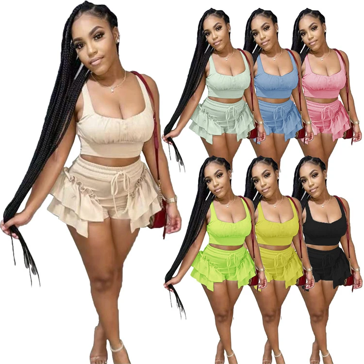 

Girls Crop Tops Tank Top Ruffle Shorts Set Summer Sexy Casual Solid Ruffle Shorts