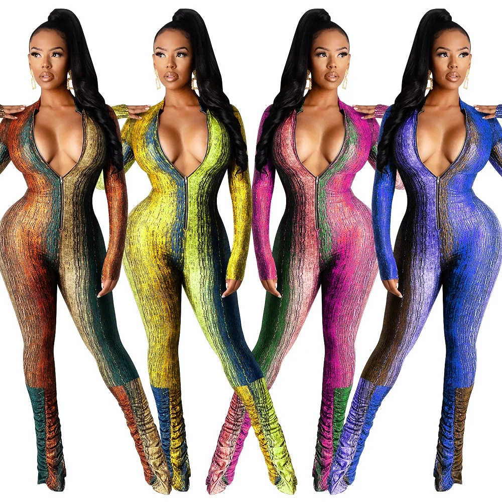 

2021Women shining sequined jumpsuits slim long sleeves one-piece jumpsuit