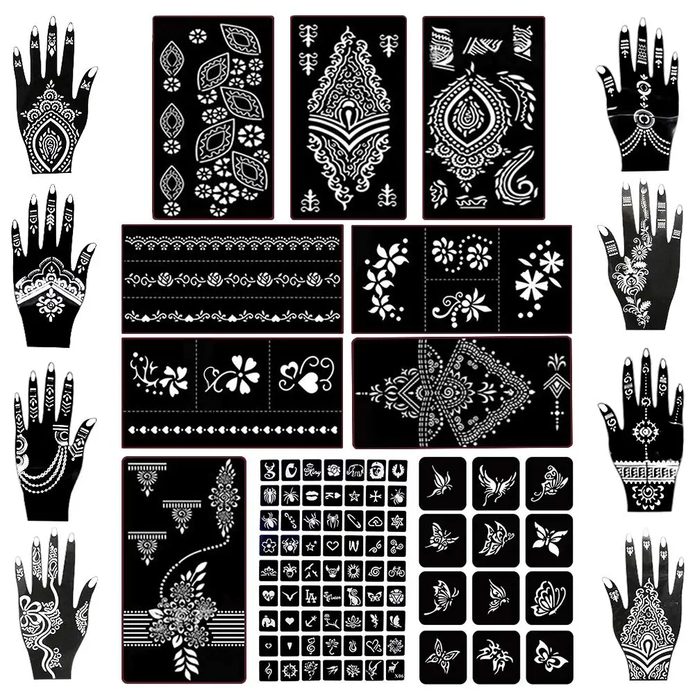 

18 Sheets Henna Tattoo Stencil Kit 97 Pcs Temporary Glitter Airbrush Tattoo Stencils Arabian Tattoo Stickers for Face Paint, Cmyk