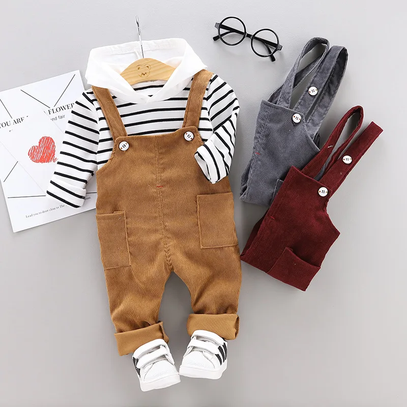 

P107057 Toddler Baby Boy Clothes Set Kids Striped Tops Suspender Trousers 2Pcs Girl Outfits Clothes T-Shirt Bib Pants Set, Print color