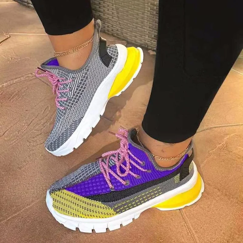 

Color Block Anti-Slip Sole Breathable Women Running Shoes Fashion Sneakers Lace Up Tennis Shoes Plus Size 43, Purple,black,orange