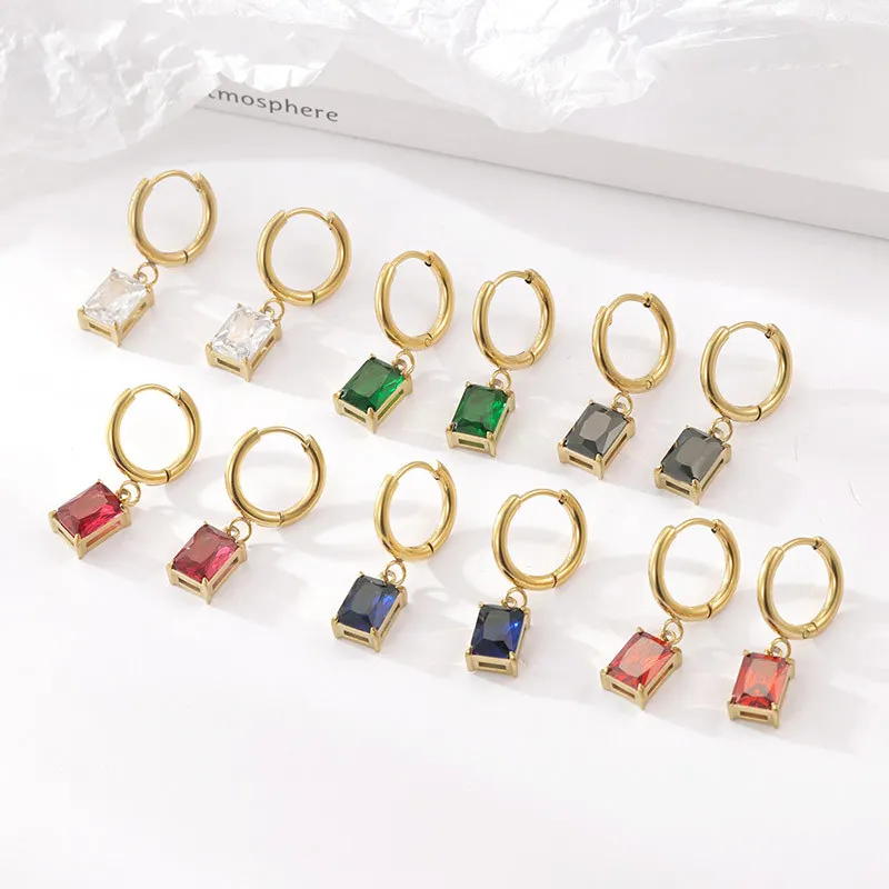 

Waterproof Non Tarnish Jewelry 14K PVD Gold Plated Stainless Steel Colorful Zircon CZ Stones Cute Huggies Hoop Earrings YF2910