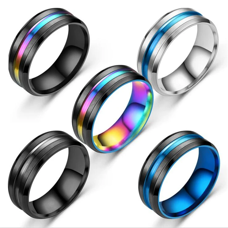 

2021 Fashion Simple 8mm Metal Striped Ring Jewelry Beveled Slotted Colorful Stainless Steel Ring Men's Titanium Steel Ring, As the picture show