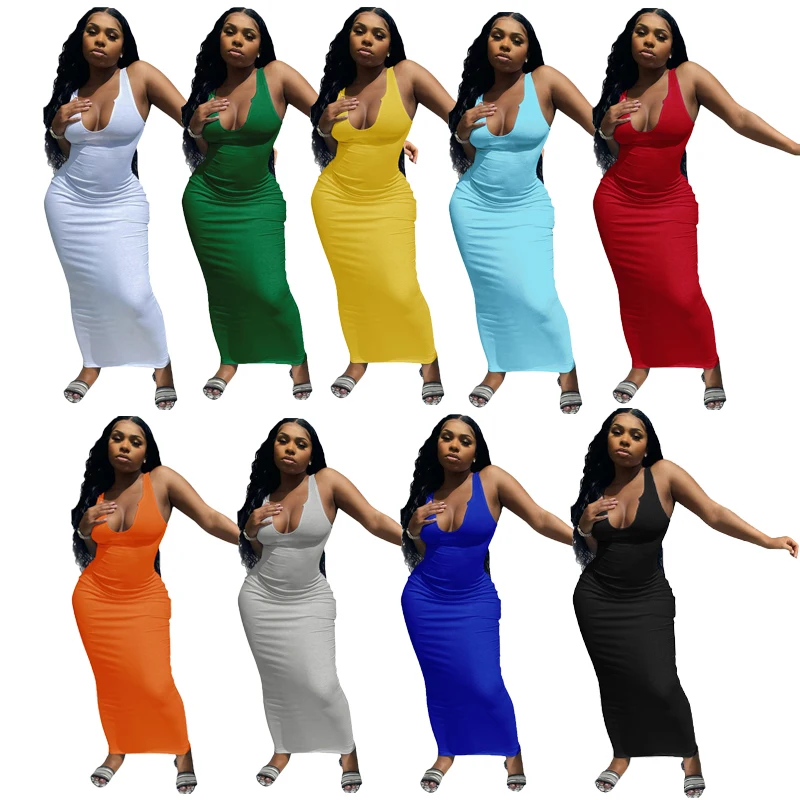 

2021 Latest Cotton Plus Size Maxi Summer Dresses Sleeveless Bodycon Dresses Women Summer V-neck Knitting Casual Dresses, Picture color