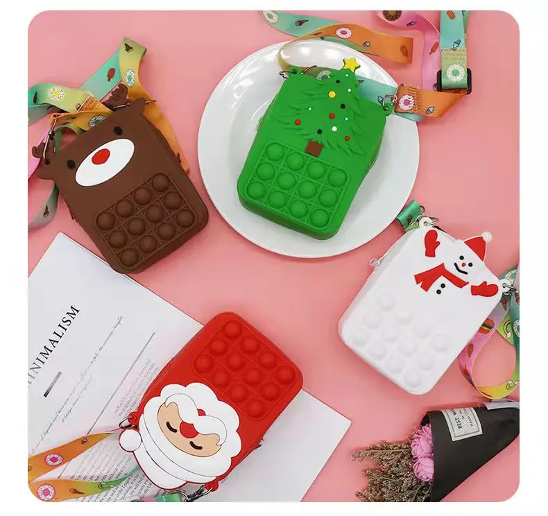 

Kids fidget popit cross body houlder bag handbag push silicone Santa claus christmas tree snowman reindeer pop it coin purses