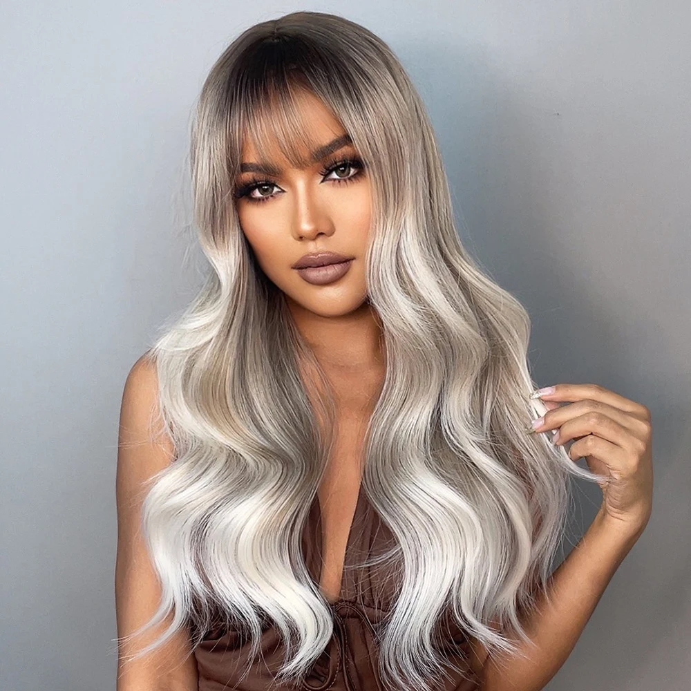 Ombre Ash Brown Blonde Synthetic Wigs with Bangs Long Natural Wave Wigs for Women Cosplay Daily Party Heat Resistant
