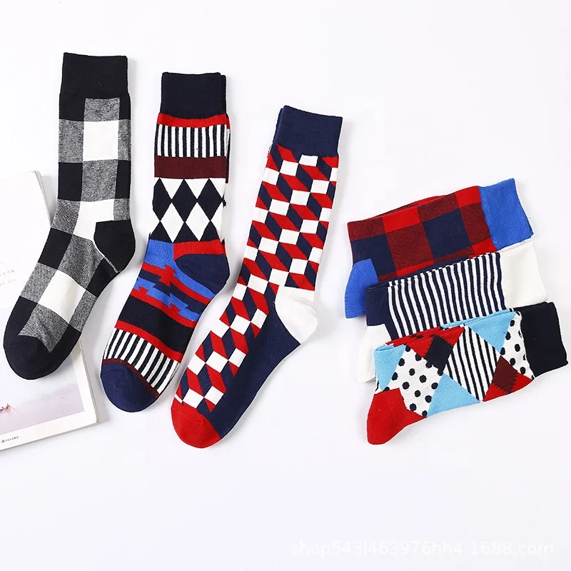 

Xianghui cheap Wholesale can custom logo plaid striped pure cotton happy fun dress colorful socks unisex, Pantone color