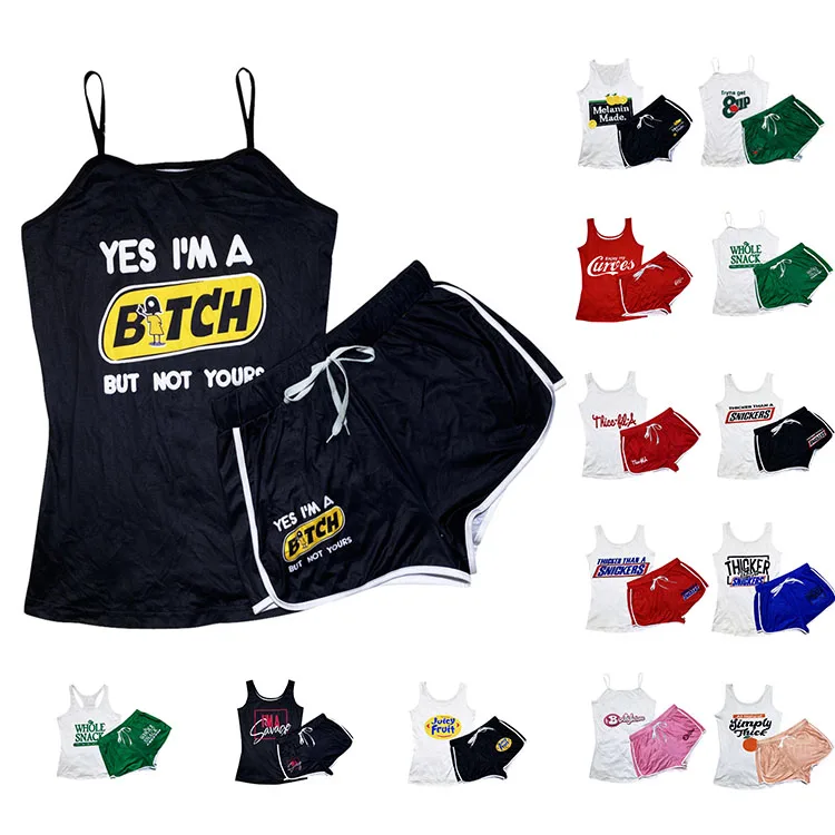 

Hot Sale Summer Designer Print Vest And Shorts Set Strape Spaghetti Casual Candy Booty Snack 2 Piece Shorts Sets