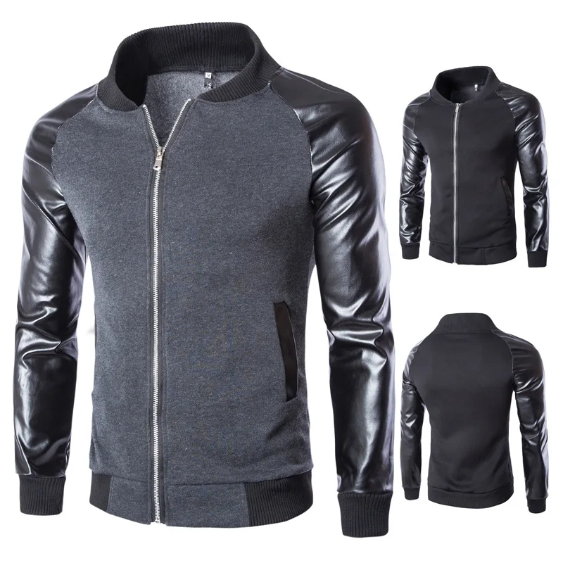 

Hot sale leather sleeve spliced jacket casual zipper jacket for men, Different colors and support to customized