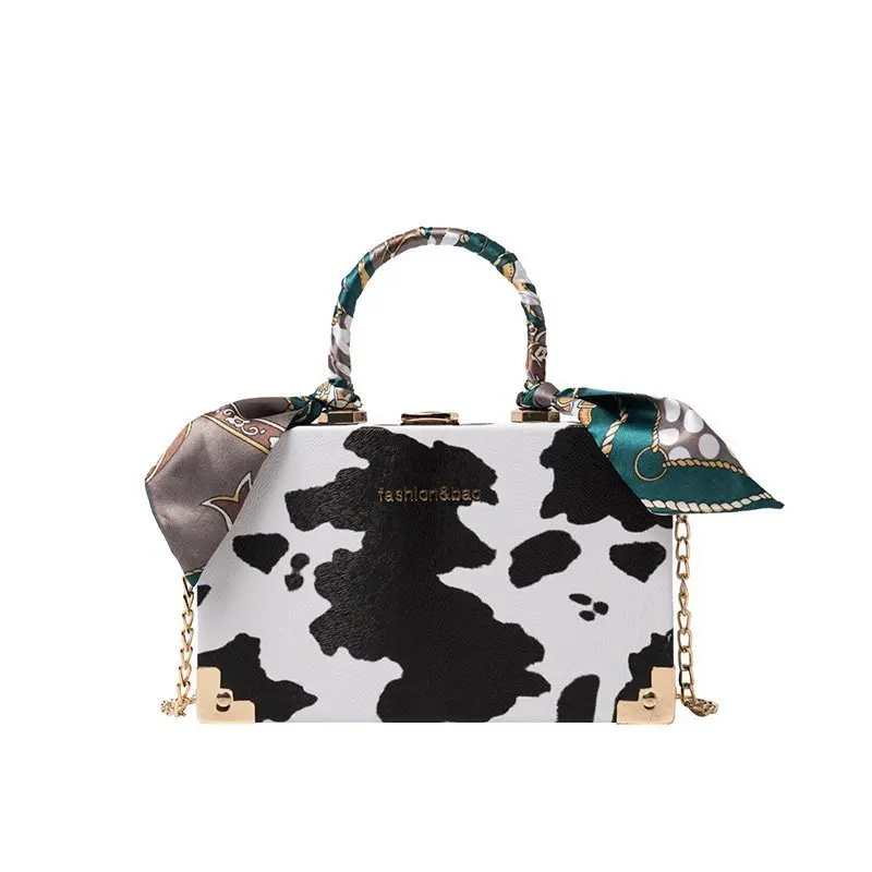 

Box Shape Elegance Chain Bag PU Leather Square Flap Purses Silk Scarf Design Small Tote Handbags for Women Luxury 2021