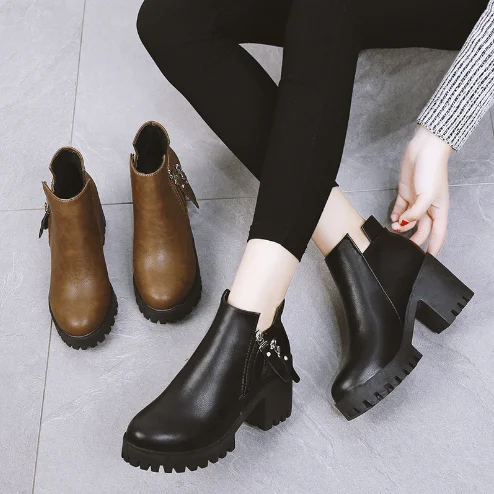 

New autumn and winter stubby with all-match student ladies Martin boots 8098, Black , brown