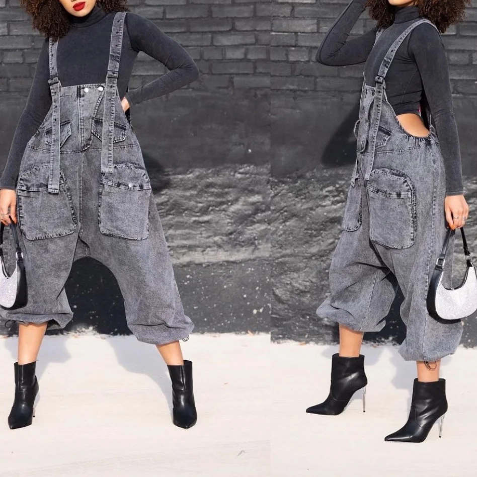 

New Streetwear Fashion Women'S Pants & Trousers Cargo Overalls Grey Denim Jeans Loose Suspender High Waist Casual Trousers Pants