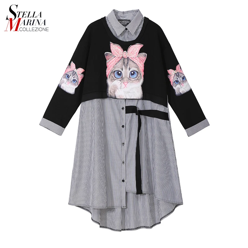 

New 2018 Women Cute Wear Cartoon Printed Shirt Dress Long Sleeve Knee Length Female Casual Loose Dress robe femme style