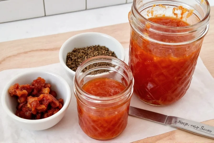 Homemade hot pepper bacon jam in mason jars with ingredients
