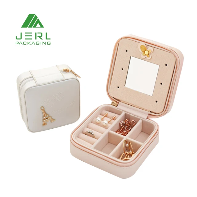 

Hot Sale PU Leather Small Travel Jewelry Box Luxury Velvet Rings Earrings Necklace Packaging with Mirror, Black , white , pink,custom color