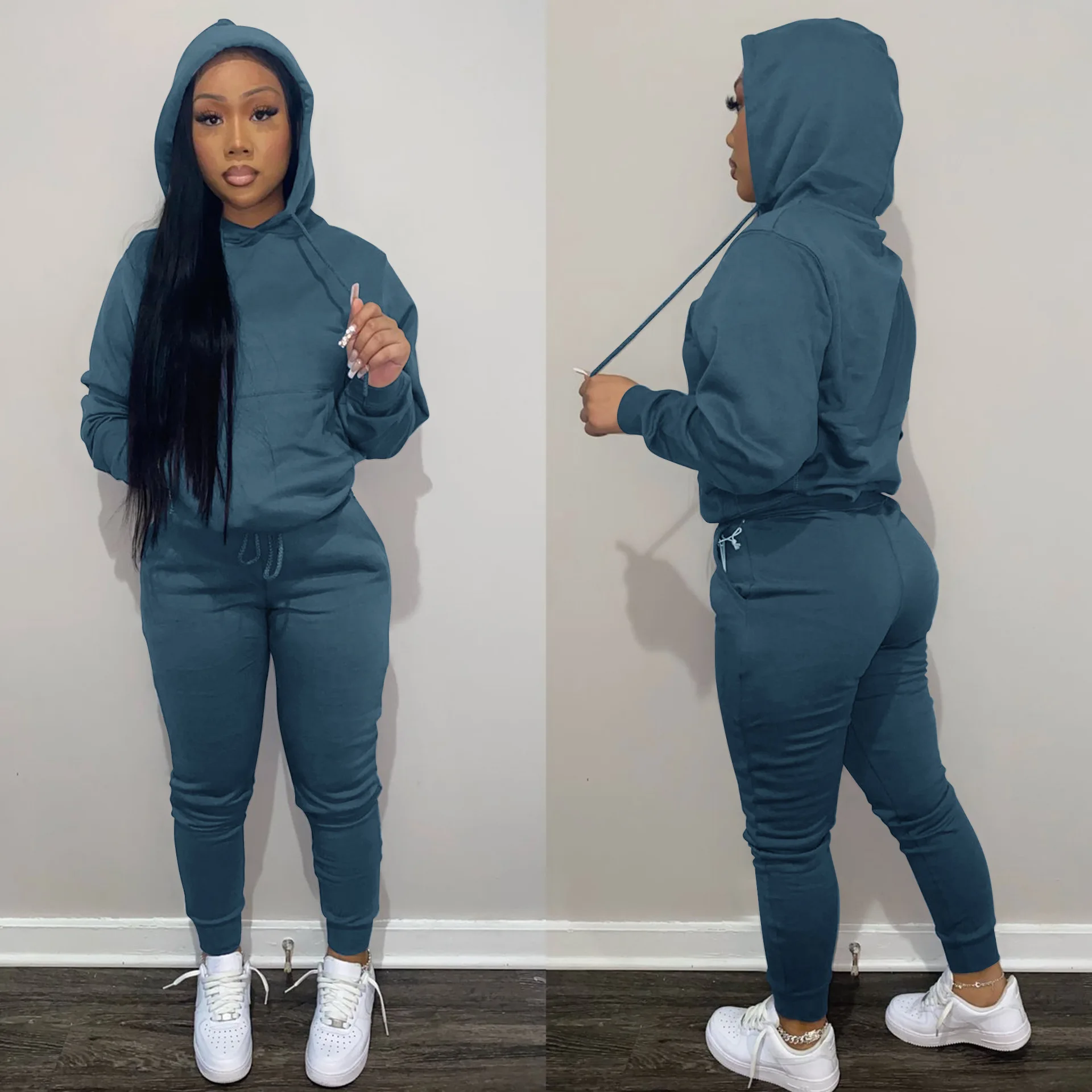 

2021 Fall Winter Thick Fleece Stacked Sweatpants And Hoodie Jogger Set Two Piece Set Women Sweatsuit Set Tracksuit