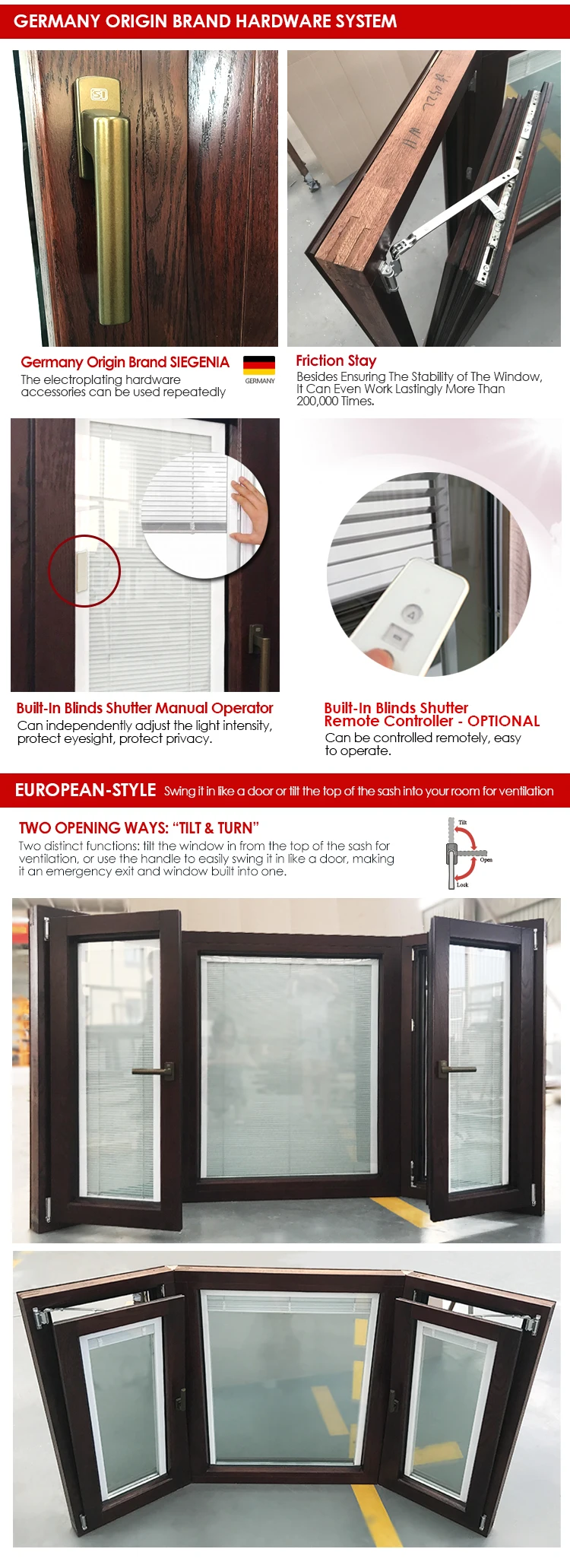 China Made Bay & Bow Large Size Aluminum Profiles protected American Red Oak Wood Window