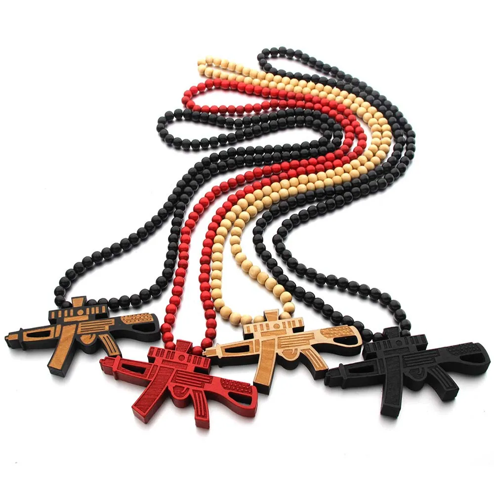 

Fashion hip hop Submachine gun wooden pendant Necklace