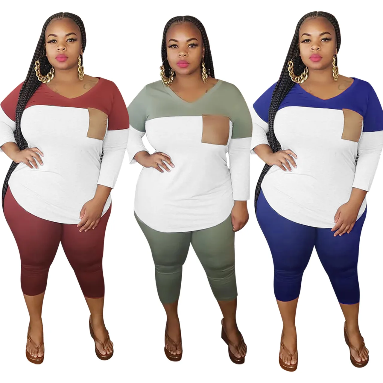 

FM-J6002 Summer 4xl plus size women's v-neck multi-colour splicing plus-size nine-point sleeve Long pant two-piece, As picture shown