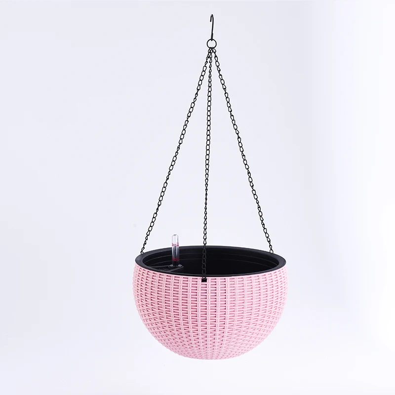 

Rattan self watering decorative garden hanging plastic hanging basket flower pot house balcony round plant pot, Customized