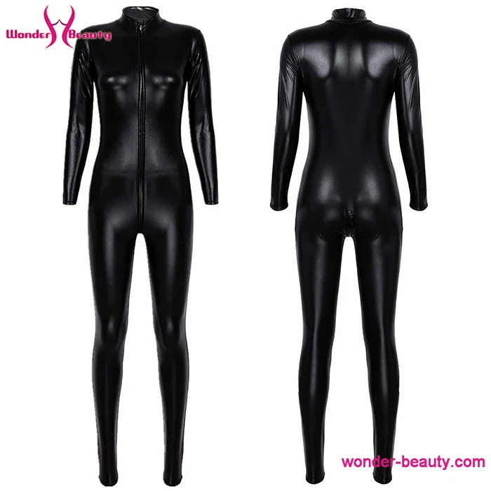 

WONDER BEAUTY Women Wet Look Latex Catsuit Long Sleeve Sexy Leather Jumpsuit Bodysuit, Black latex catsuit