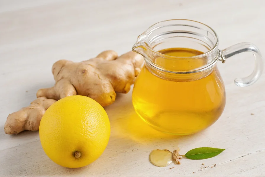 Fresh ginger root, organic lemons, and raw honey in glass jar for natural remedy preparation