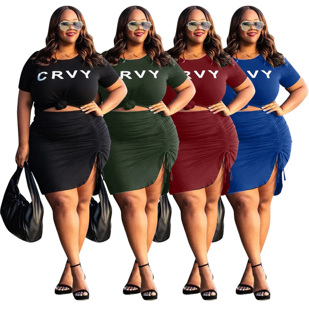 

F22000A hot style summer fashion plus size women's set casual plus size two piece set skirt, Black, blue, wine red, green
