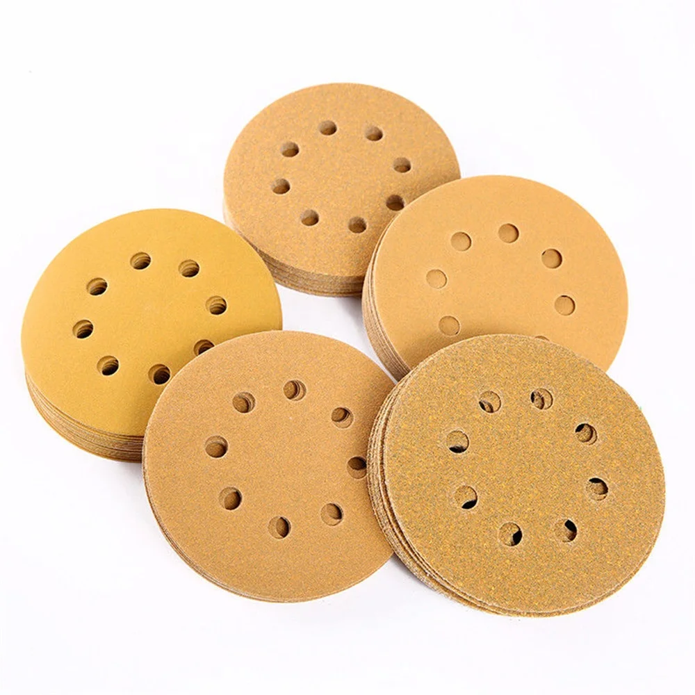 

125mm Yellow 8 Holes Round Paper Discs Hook and Loop 125mm Alumina Round Sanding Disc for High-end Furniture