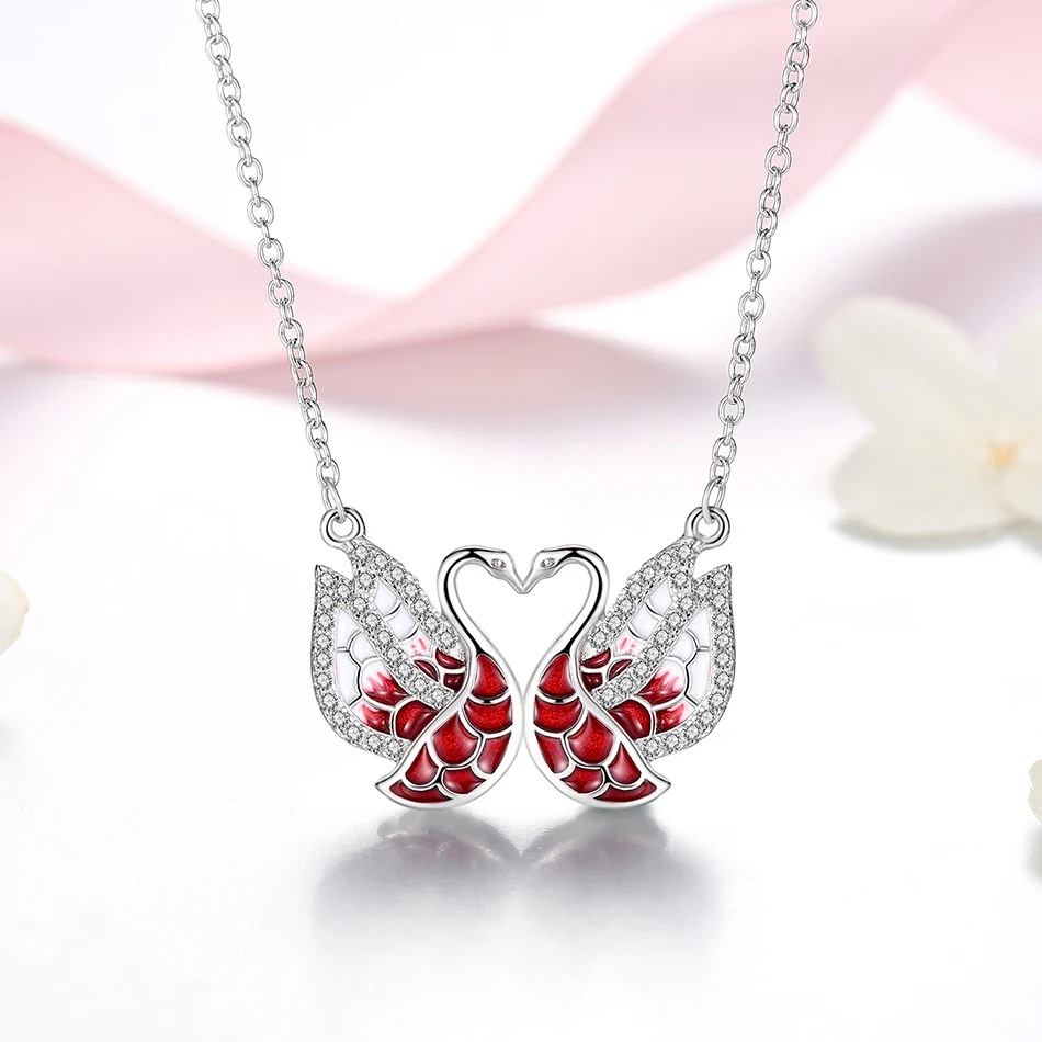 

Hot Selling 925 Sterling Silver Red Swan Pendant Necklace Cubic Zircon Heart Necklace for Women Wedding Jewelry