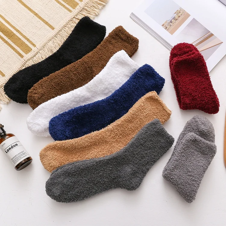 

Winter Warm Coral Fleece Indoor Sleeping Black Blue Fuzzy Socks Wholesale Men Unisex, 8 colors