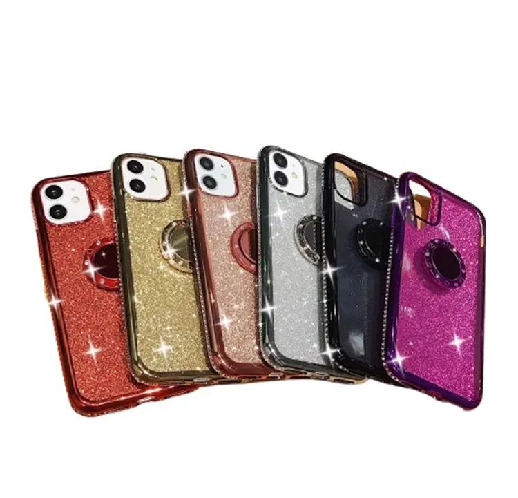 

Bling Glitter Diamond Phone Case For iPhone 12 12 Pro MAX 11 Pro XR X XS Max 7 8 6 Plus SE Metal Ring Holder Soft Cover Coque, Multi-color