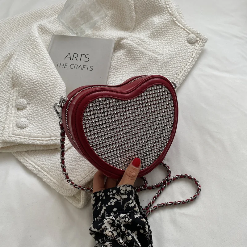 

Fashion heart shape rhinestone PU leather purse ladies shoulder crossbody chain handbags women diamond bag, 3colors