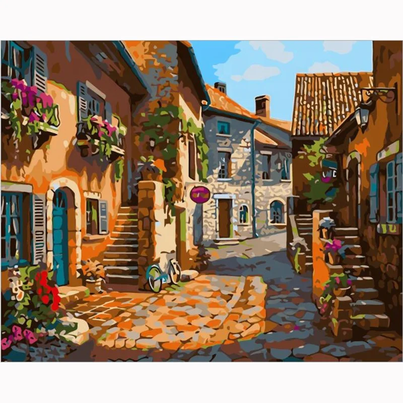 

Number Coloring Hanging Painting Home Wall Scenery Decorations Handmade Artwork Block Street View, Multi colors