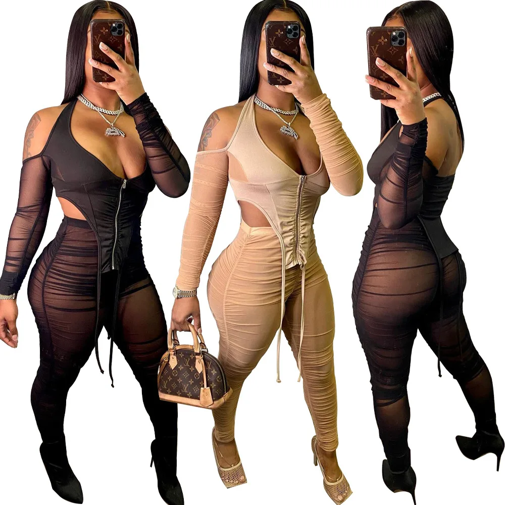 

New Style Stacked Sweatpants Women 2 piece Mesh Outfit Wholesale Sexy Ladies Corset Top Two Piece Pants Set