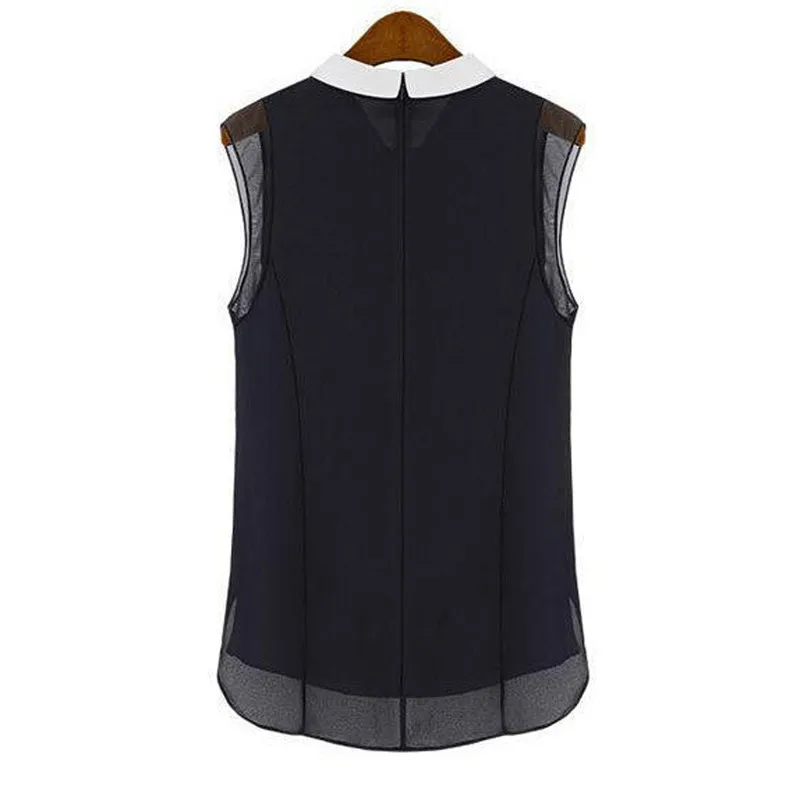 

Summer Chiffon Tops New Women T Shirts Turndown Collar Tees Sleeveless T Shirt Plus Size, Black,white