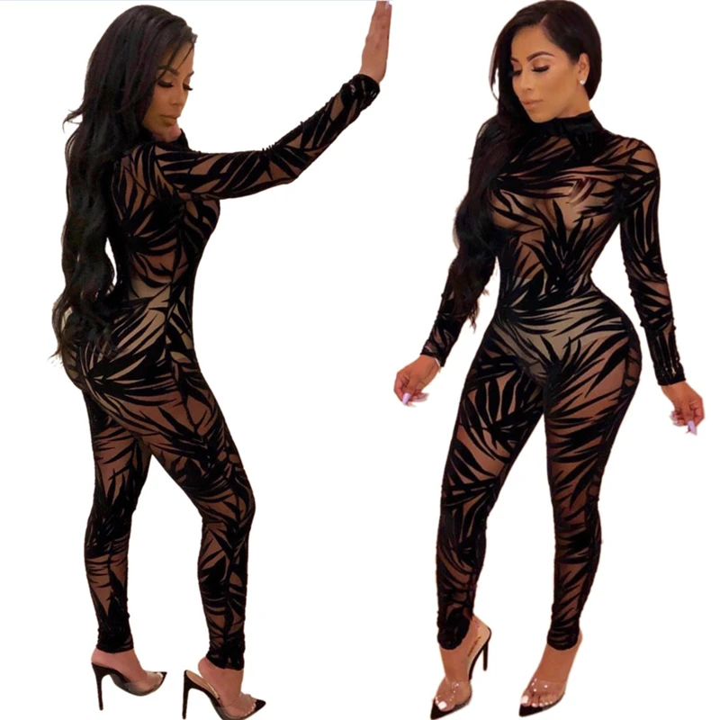

New design club wear 2021 Jumpsuits for Women Ruched Black Lace Mesh Bodysuit Pleated Long Sleeve Jumpsuit, As picture