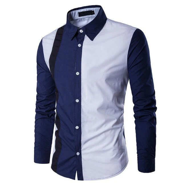 Summer Mens Shirt Top Casual Long Sleeve Shirts Lapel Collar Strip Print Patchwork Business Shirt Men Dress Male Clothing