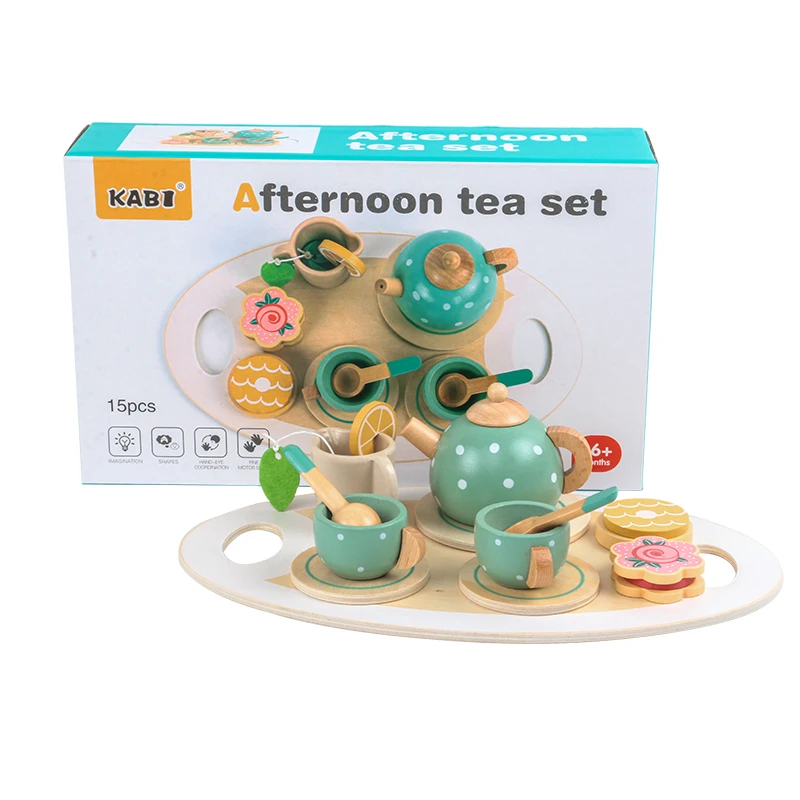 

Hot sale children's wooden kitchen pretending toys afternoon tea series role playing kids toys wooden children's tea cup toy set
