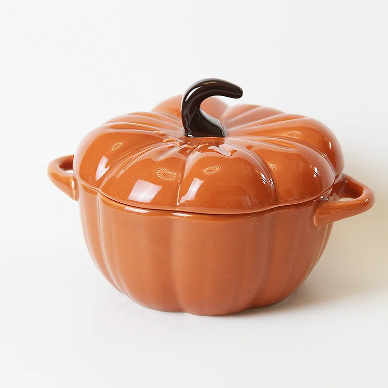 

HY Lovely pumpkin bowl with cover steamed egg bowl household ceramic bowl breakfast dinnerware Stew pot