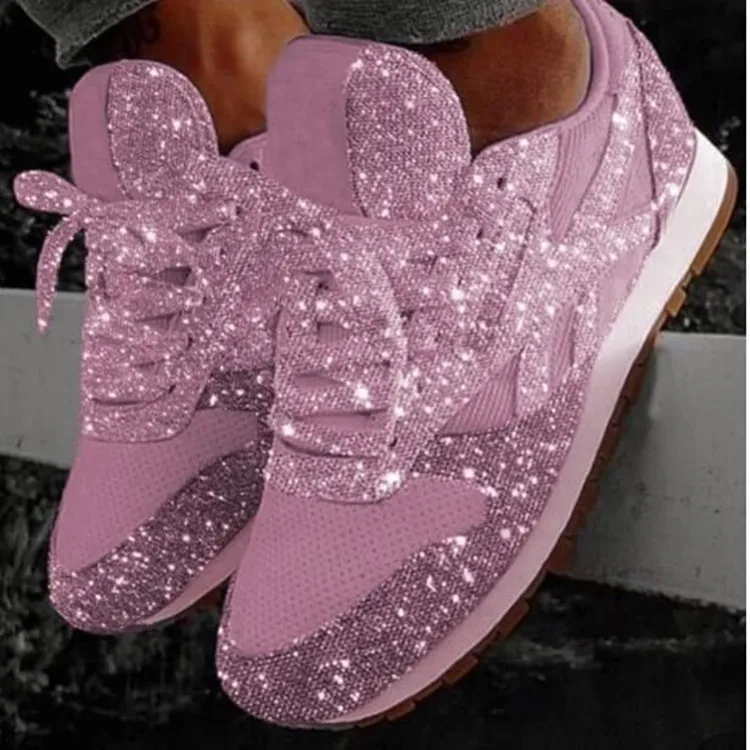 

Comfortable Plus Size Vulcanized Crystal Shining Shoes New Women Flat Glitter Sneakers Casual Female Mesh Lace Up Bling Platform, As pictures