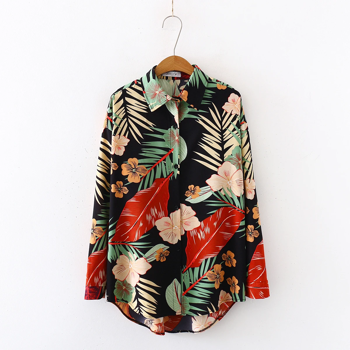 

2020 New Summer Long Sleeve Black Shirt Vintage Loose Tops Casual Women Leaf Floral Print Chiffon Blouse T06520C, White,black