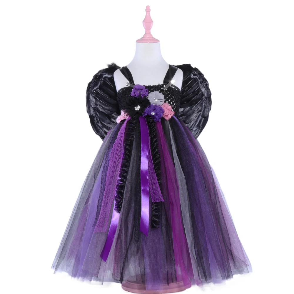 

Wholesal Halloween Costum Outfit Parti Suppli Birthday Witch Clothes Black Party Dress For Girls Age 5, Black purple