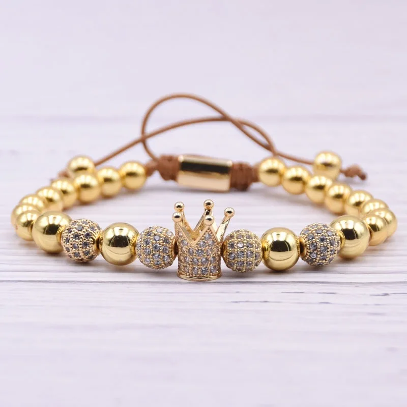 

Luxury Hand Woven Adjustable 18K Gold Plated Crown Braided Bracelet Micro Pave CZ Balls Royal Crown Macrame Bracelet