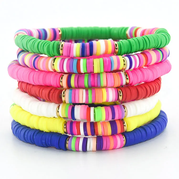 

Europe Beach Style Colorful Friendship Bracelet Teen Girls Cute Handmade Rubber Disc Bead Polymer Clay Bracelets Bangles Jewelry, Multicolor